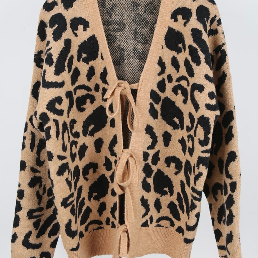 Cozy Co Casual Lace Up Leopard Print Cardigan